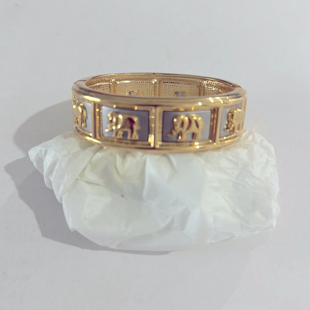 VINTAGE FINESSE CHUNKY ELEPHANT GREY + GOLD TONE BANGLE BRACELET - NEW